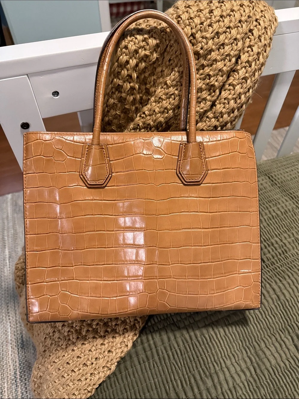 Michael Kors Mercer Croc-Embossed Tan Leather Tote - Picture 2 of 8